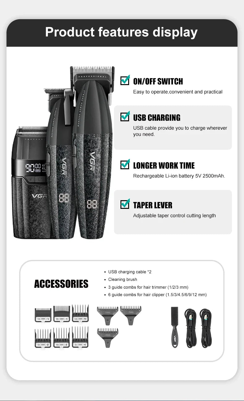 VGR Professional Hair Clipper V-640 S3 — 9000RPM Hair Cutting Machine & Beard Trimmer for Men