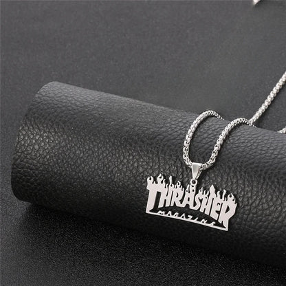 Trendy Hip-Hop Stainless Steel Letter & Flame Pendant Necklace | Street Style Rock Jewelry for Men & Women