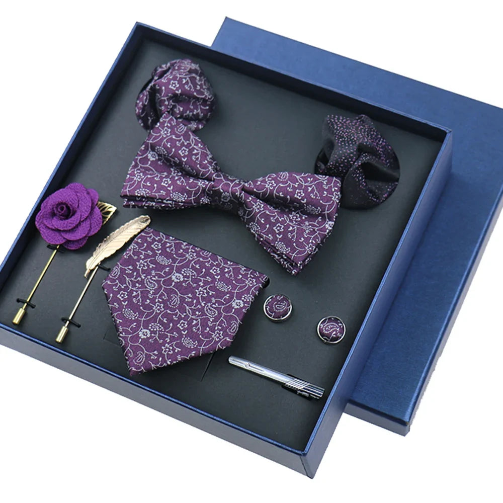 Men’s Luxury Silk Tie Set - 8cm Wedding Necktie with Bowtie, Pocket Square, Cufflinks & Floral Gift Box Accessories