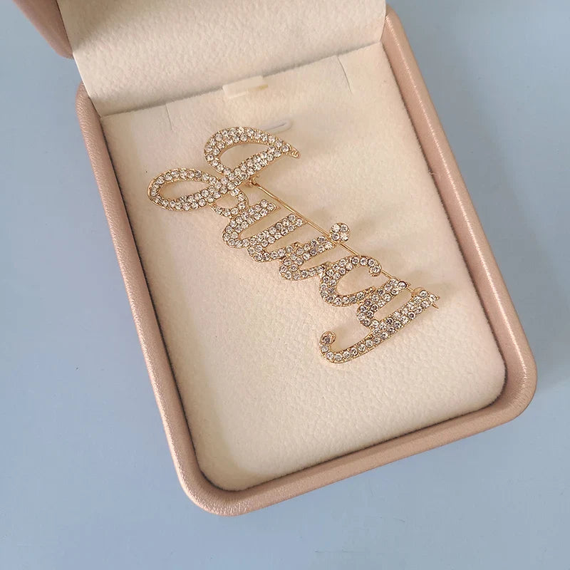 Rhinestone Customized Name Brooch – Handmade Custom Name Plate Pins for Birthday, Wedding & Party Badges