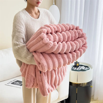 Simplicity Solid Color Flannel Blanket – Thick Wide Stripe Multifunctional Warm Blanket for Autumn & Winter