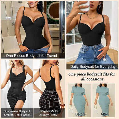 Women’s Slimming Shapewear Bodysuit - V Neck Waist Trainer Jumpsuit with Underwire Bra & Tummy Control Support