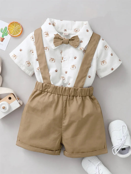 Infant Boy Outfit – Tiger Print Short Sleeve Shirt & Strap Shorts with Bow, Casual Birthday Party Suit (0-2 Years)