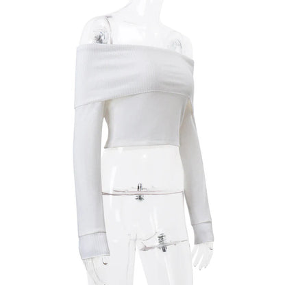 WhereMery Elegant Slash-Neck Ribbed Crop Top – Y2K Off-Shoulder Long Sleeve Camisole, Autumn Skinny French Style T-Shirt
