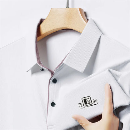Men's Business Casual Short Sleeve Polo Shirt - Solid Color Breathable Badge Polo Top