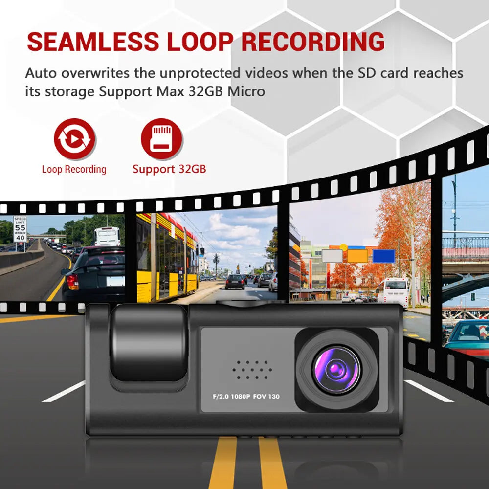 1080P 3-Channel Dash Cam - IR Night Vision, Loop Recording & 2-Inch IPS Screen DVR