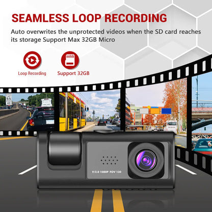 1080P 3-Channel Dash Cam - IR Night Vision, Loop Recording & 2-Inch IPS Screen DVR