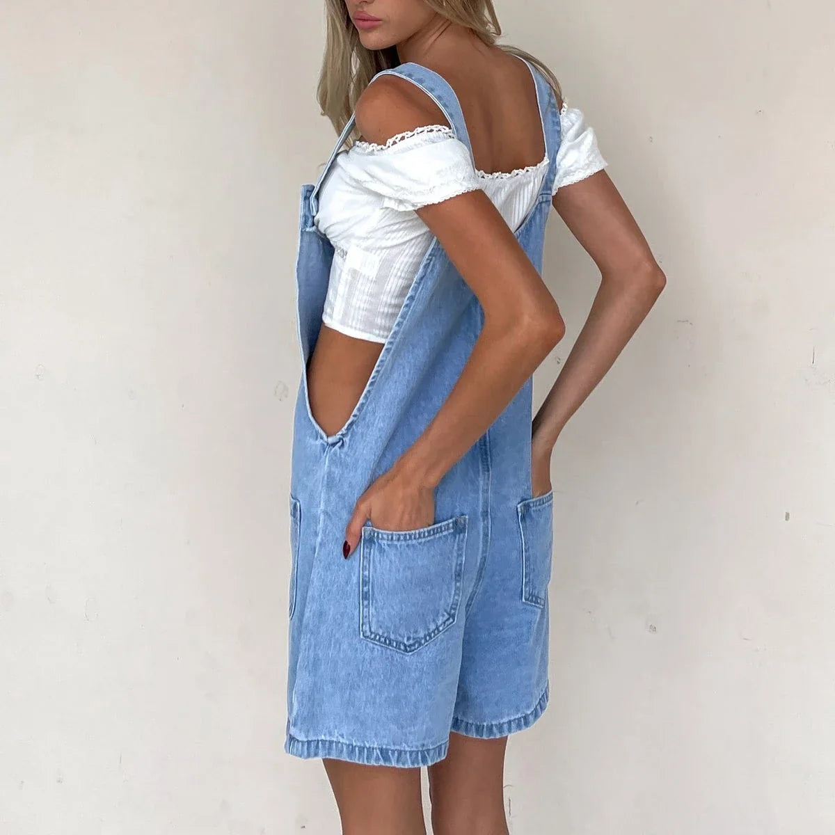Women's Denim Bib Overall Shorts - Button Front Wide Leg Jean Jumpsuit with Pockets