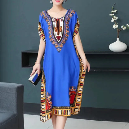 Women’s Bohemian Floral Tunic Dress - Retro Ethnic Print Batwing Sleeve Loose Summer Maternity Streetwear