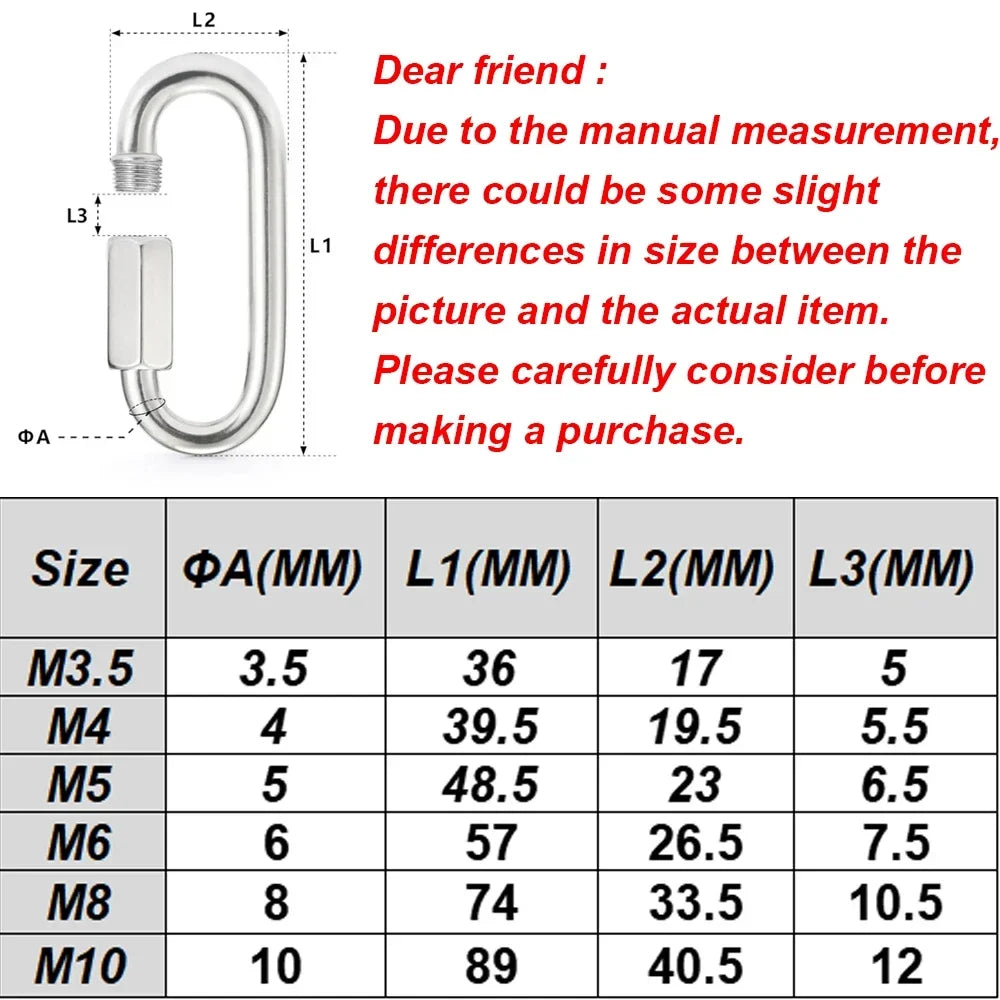 Stainless Steel Carabiner Quick Links - Safety Snap Hooks Chain Connectors for Keys, Climbing and Gear Repair
