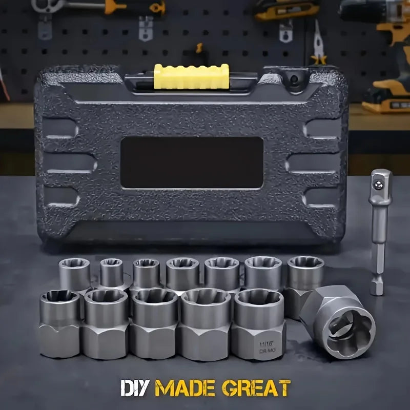 14-Piece Damaged Nut & Bolt Extractor Socket Set - Chrome Molybdenum Steel Impact Sockets with Storage Case