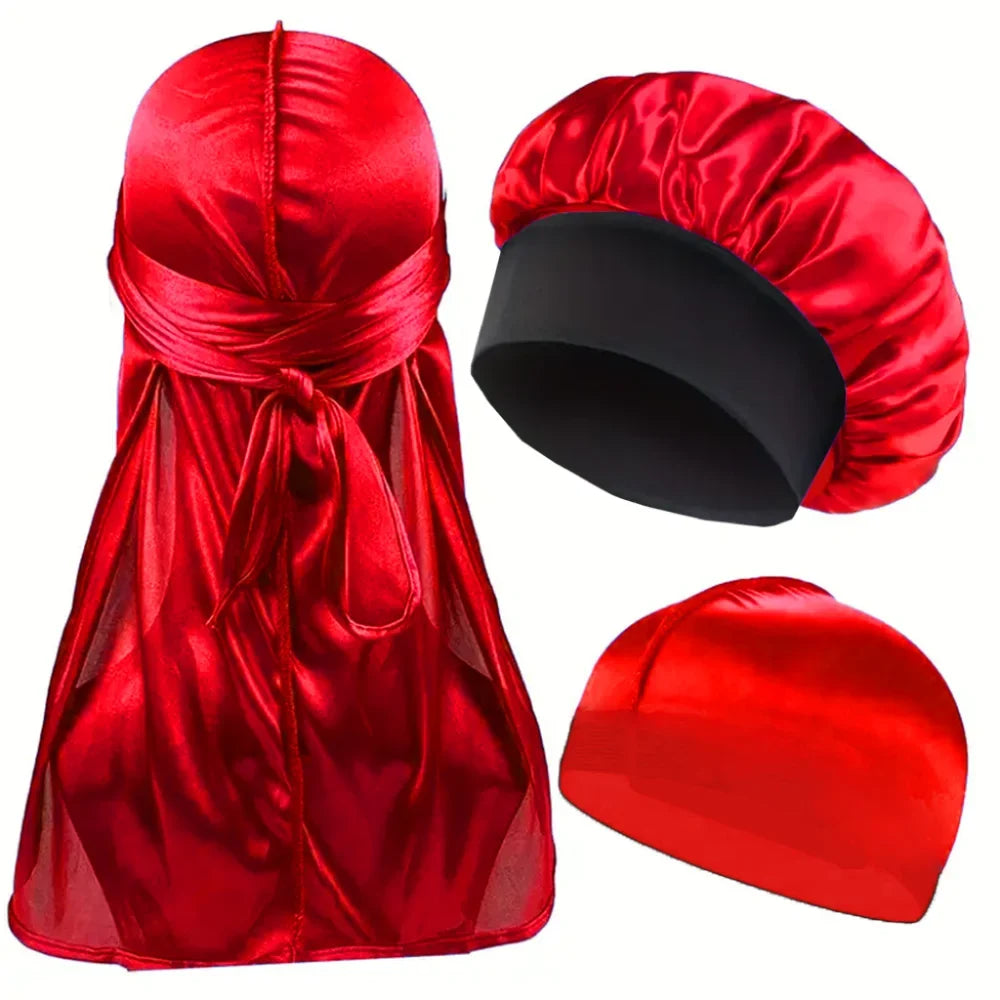 3PCS Durag & Satin Bonnet Set - Solid Color Night Cap and Lightweight Dome Hat Hair Accessories