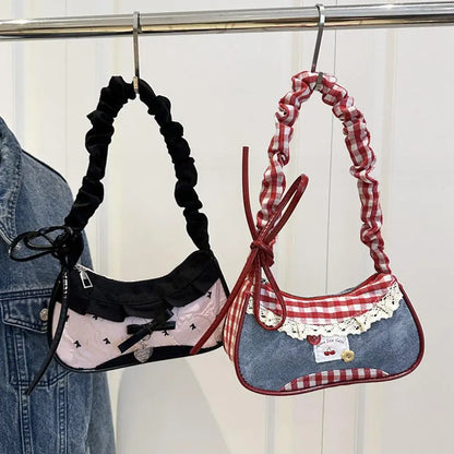 Fashion Grid Lace Shoulder Bag - Stretchable Ribbon Strap Underarm Handbag for Women, Students & Daily Commuting