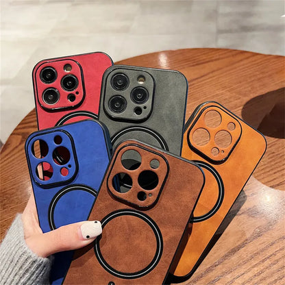 Luxury Cortex Leather Magnetic Phone Case - Wireless Charging Shockproof Bumper Cover for iPhone 12, 13, 14, 15, 16 & 17 Pro Max