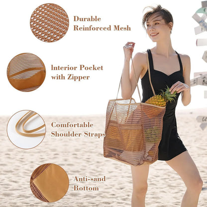 Women's Large Capacity Beach Tote Bag - Durable Polyester Woven Shoulder Bag for Travel & Shopping