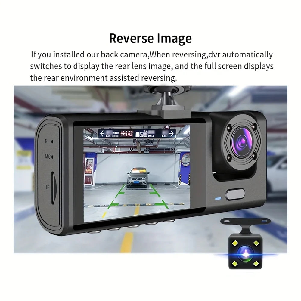 1080P 3-Channel Dash Cam - IR Night Vision, Loop Recording & 2-Inch IPS Screen DVR