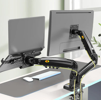 Desktop Dual Arm Gas Spring Monitor Holder + Laptop Stand | NB F160 + FP-2 | 17"-27" Monitor, 10"-17" Laptop Support | Air Press Mount Stand