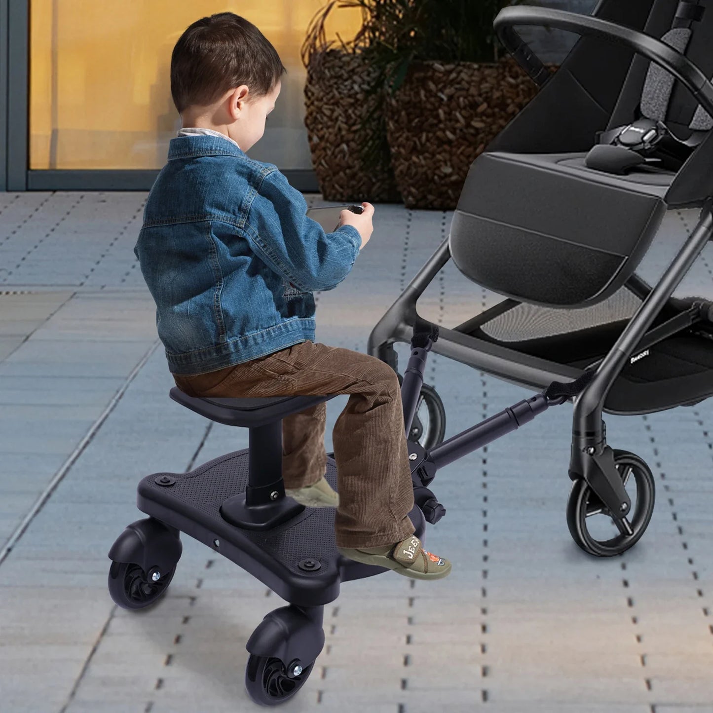 2-in-1 Universal Stroller Buggy Board with Detachable Seat – Pram Pedal Adapter for Kids, 25kg Load Capacity