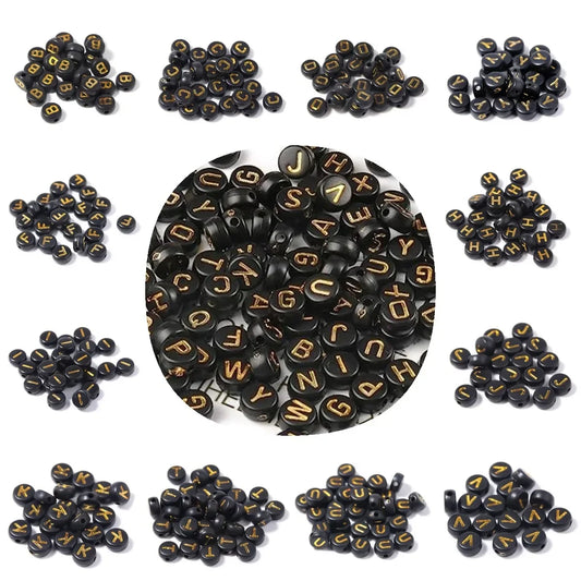 A-Z Alphabet Beads Set - 100-500pcs Black Gold Acrylic Letter Beads for DIY Jewelry Making Charm Bracelets Accessories