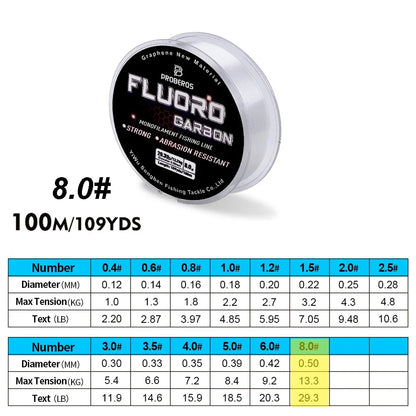 PROBEROS 100M Fluorocarbon Fishing Line - Carbon Fiber Monofilament Leader Line for Carp & Sinking Fishing Tackle