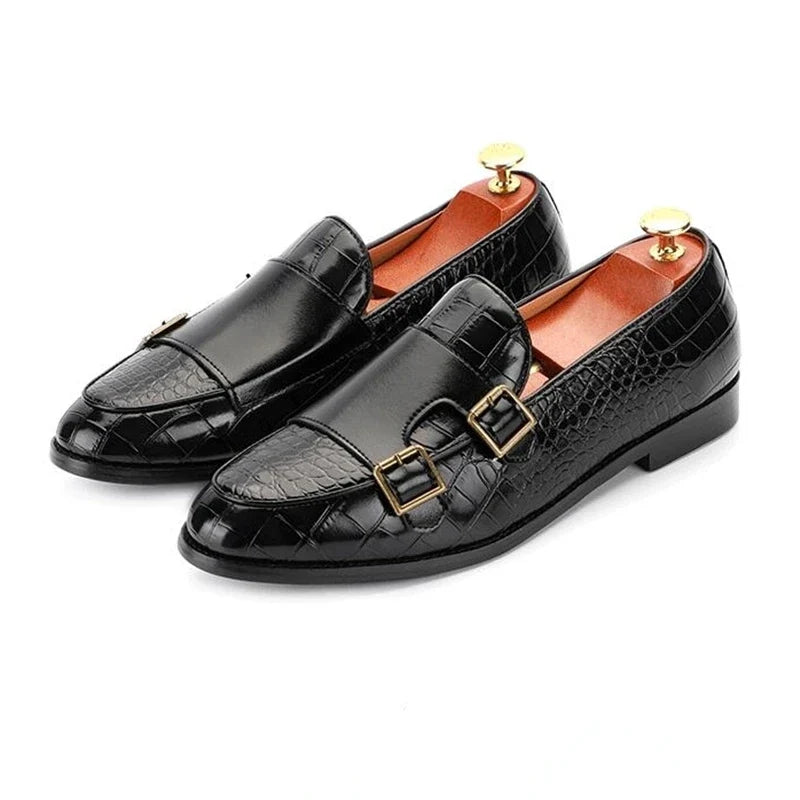 Men's Crocodile Grain Leather Loafers - Buckle Casual Wedding Party Moccasins & Comfortable Driving Flats