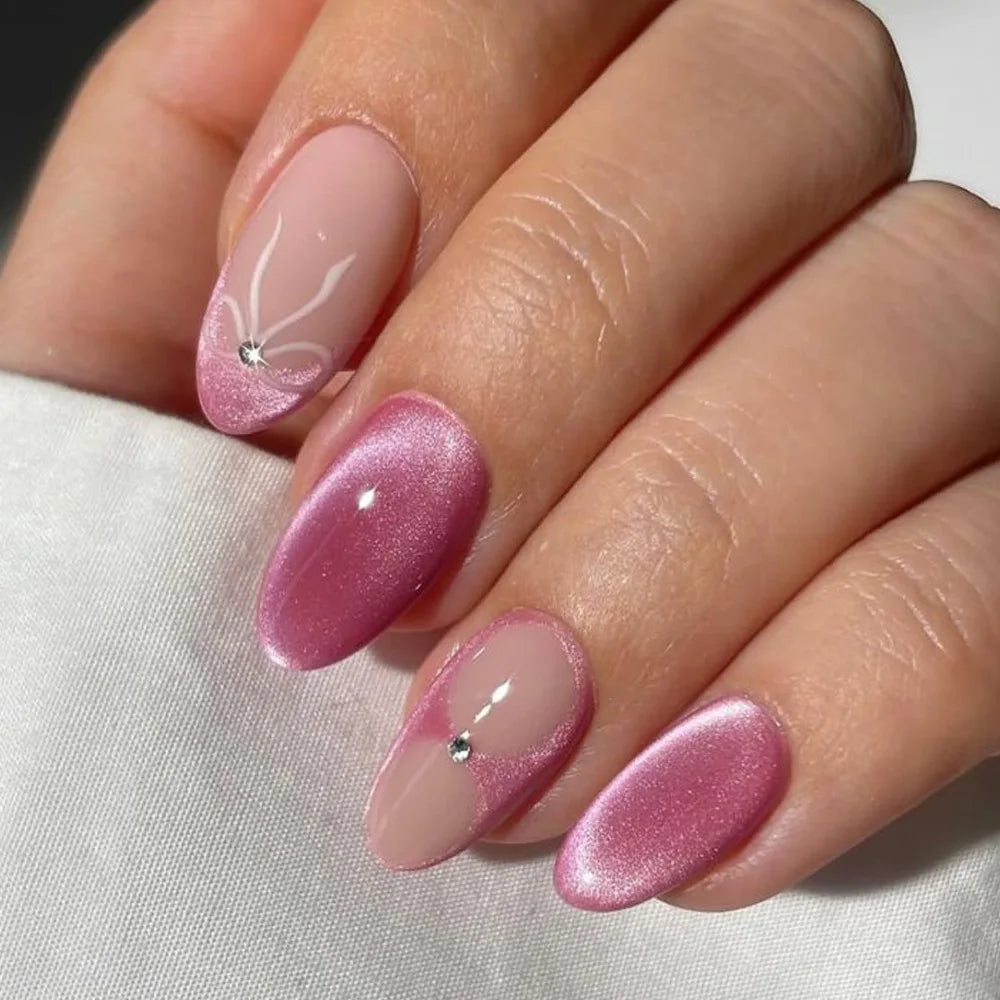 24PCS Glossy Red Cat Eye Press-On Nails Almond Full Cover Reusable Fake Nail Set