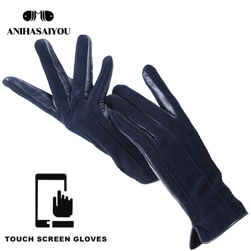 Women’s Winter Touch Gloves – 50% Genuine Leather & 50% Suede, Colorful Warm Leather Gloves