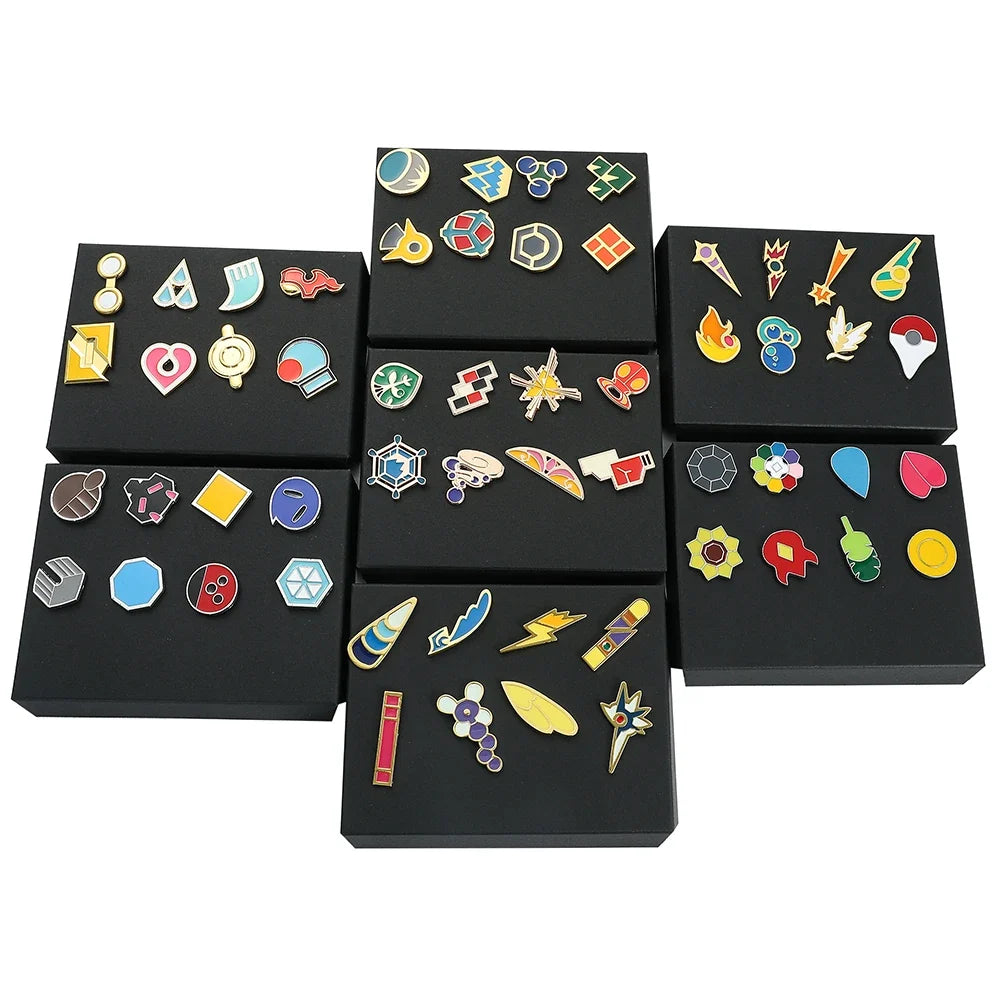 Pokemon Gym Badge Pin Set - Kanto to Kalos League Region Collectible Brooch Box