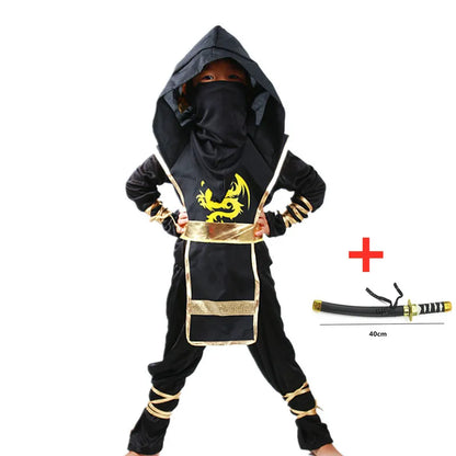 Kids Black Ninja Costume Set — Anime Samurai Outfit with Mask & Fighting Toy for Holidays & Gifts