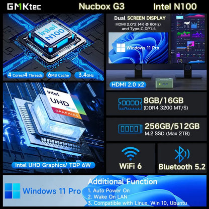 GMKtec G3 Mini PC – Intel Alder Lake N100, 8/16GB RAM, 256/512GB SSD, Windows 11 Pro, WiFi 6 & BT5.2