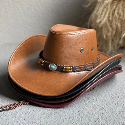 Faux Leather Western Cowboy Hat – Vintage Panama Cowgirl & Gentleman Hat for Women & Men