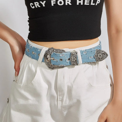 Rhinestone Buckle Belt - Retro Ripped Denim Punk Rock Fashion Accessory for Men & Women