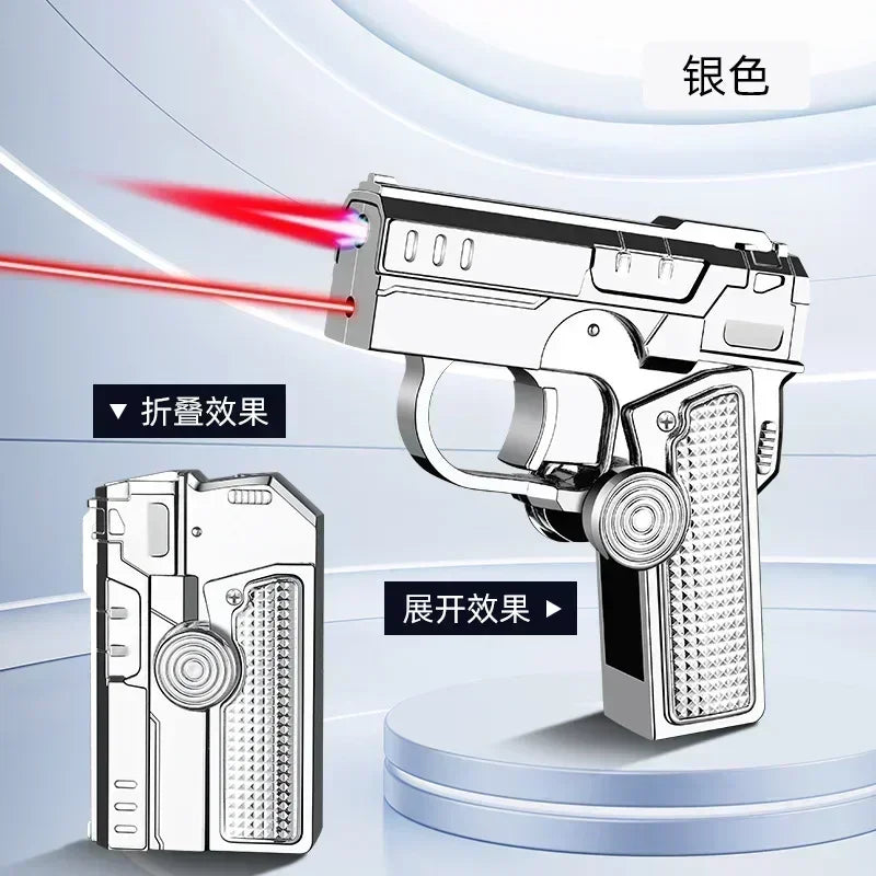 Folding Gun Style Lighter - Windproof Butane Jet Flame Metal Lighter with Laser