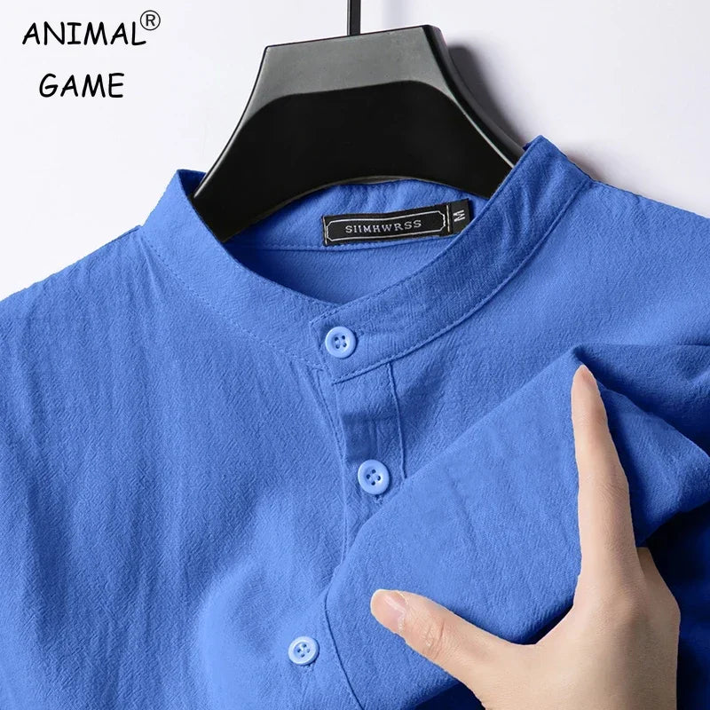 Men’s Linen Cotton Shirt - Lightweight Long Sleeve Henley Beachwear Hawaiian Style Breathable Top