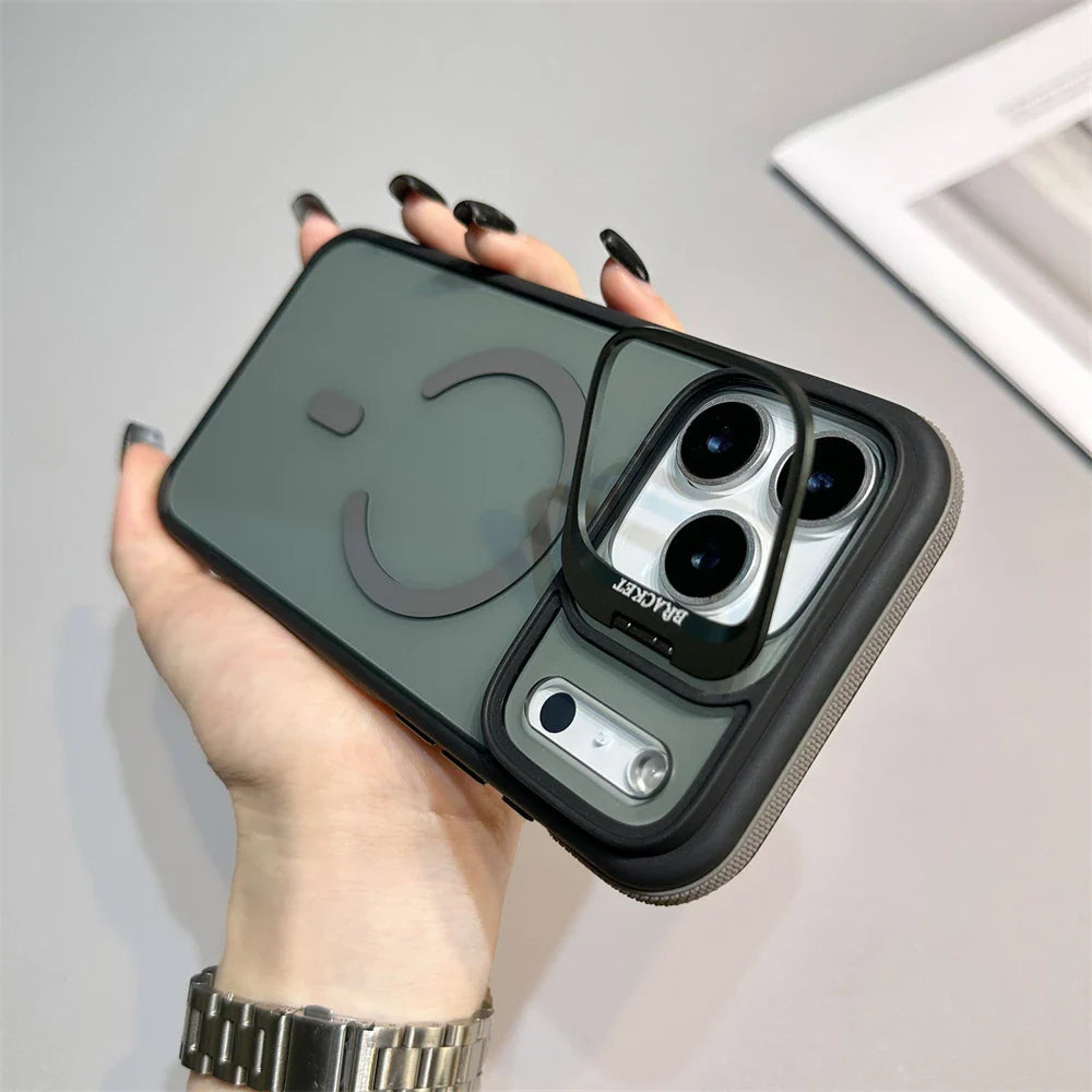Luxury Matte Transparent MagSafe Kickstand Case — Magnetic Stand Cover for iPhone 11–17 Air, Plus, Pro Max