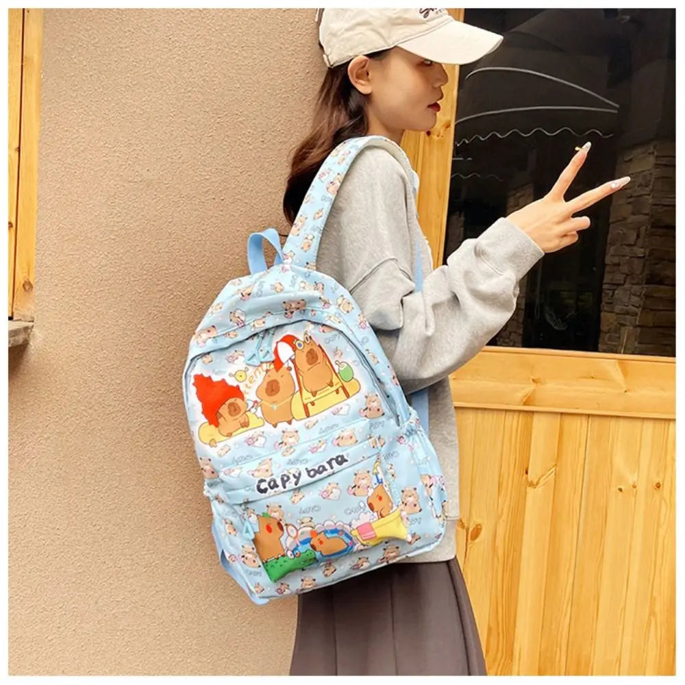 Cute Capybara Backpack | Large Capacity, Breathable Nylon Schoolbag for Students, Women & Girls, Ultra-Light Book Bag
