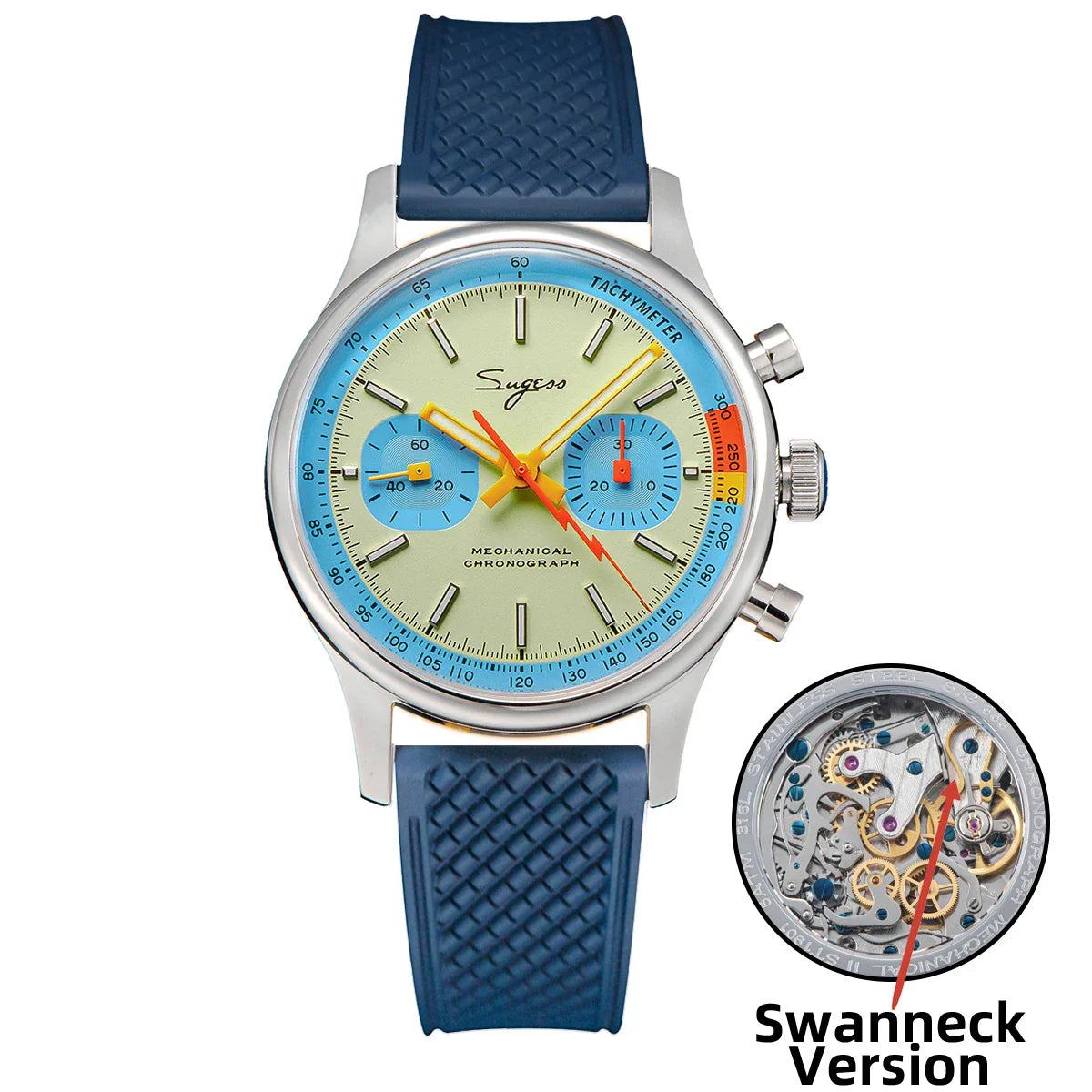 Sugess Pilot Men’s Chronograph Watch — Original ST1901 Mechanical Movement, Sapphire Crystal, Waterproof Racing Strap