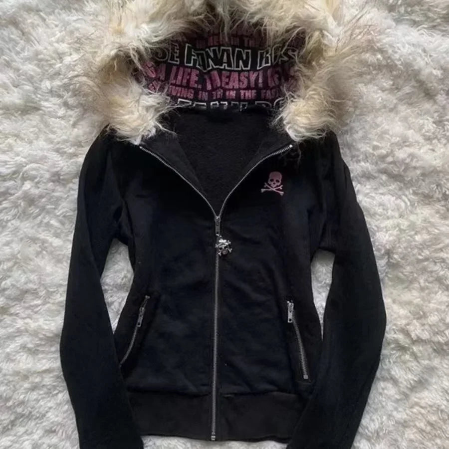 Y2K Vintage Streetwear Men’s Hoodie – Warm Loose Cardigan with Fur Collar & Skull Print Zipper Sweatshirt for Winter