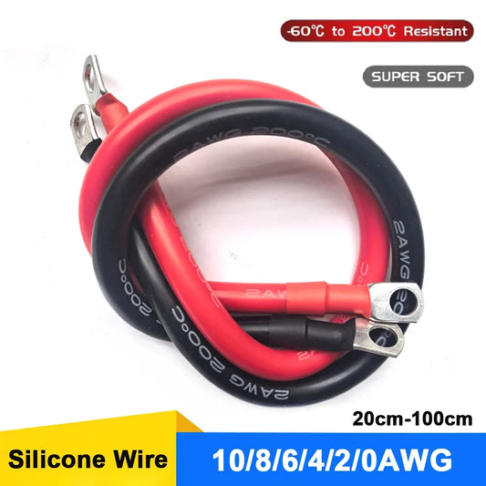 Super Soft Silicone Battery Cable - 10/8/6/4/2AWG Wire with SC Terminals M8 M10 M6 for Car Inverter, UPS & Power Connections
