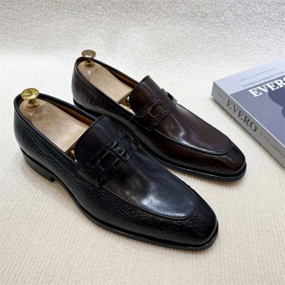 Luxury Men's Crocodile Print Leather Loafers - Double Buckle Business & Wedding Dress Shoes