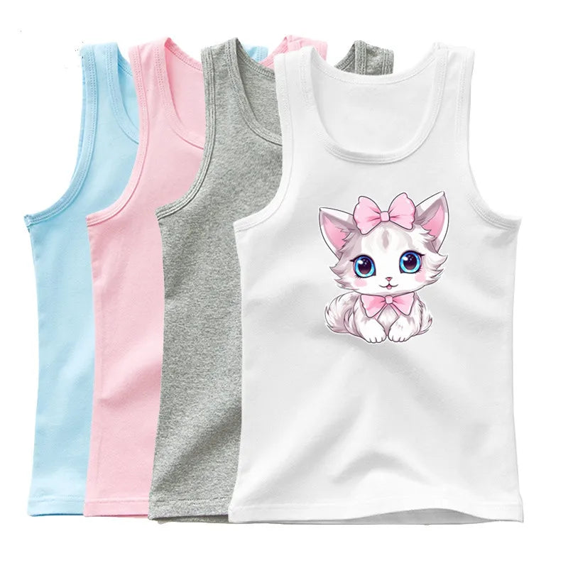 Girls Owl Print Tank Top - Sleeveless Cotton Sports Vest Shirt for Kids 3-14 Years