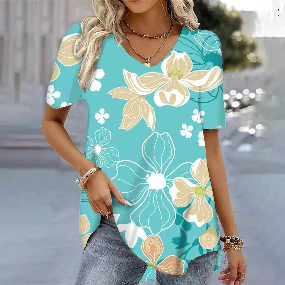 3D Floral Print T-Shirt - Women's Harajuku Casual Loose Fit Summer Crewneck Top