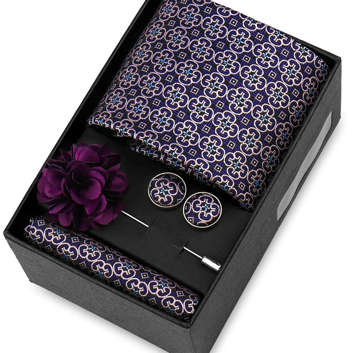Elegant Men’s Necktie Gift Set - Fashion Tie with Handkerchief, Cufflinks & Brooch Pin Accessories for Business & Wedding