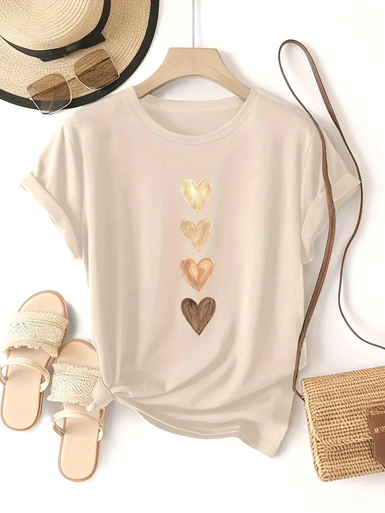 Women’s Four Heart Graphic T-Shirt - Casual Short Sleeve Round Neck Stretch Tee in Black & Gold Print