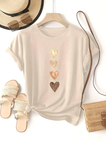 Women’s Four Heart Graphic T-Shirt - Casual Short Sleeve Round Neck Stretch Tee in Black & Gold Print