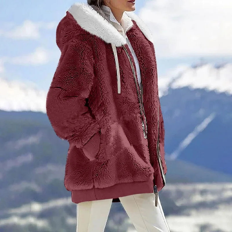 Autumn Winter Women's Hooded Coat – Casual Zipper Cashmere Fleece Jacket Solid Color Ladies Outerwear