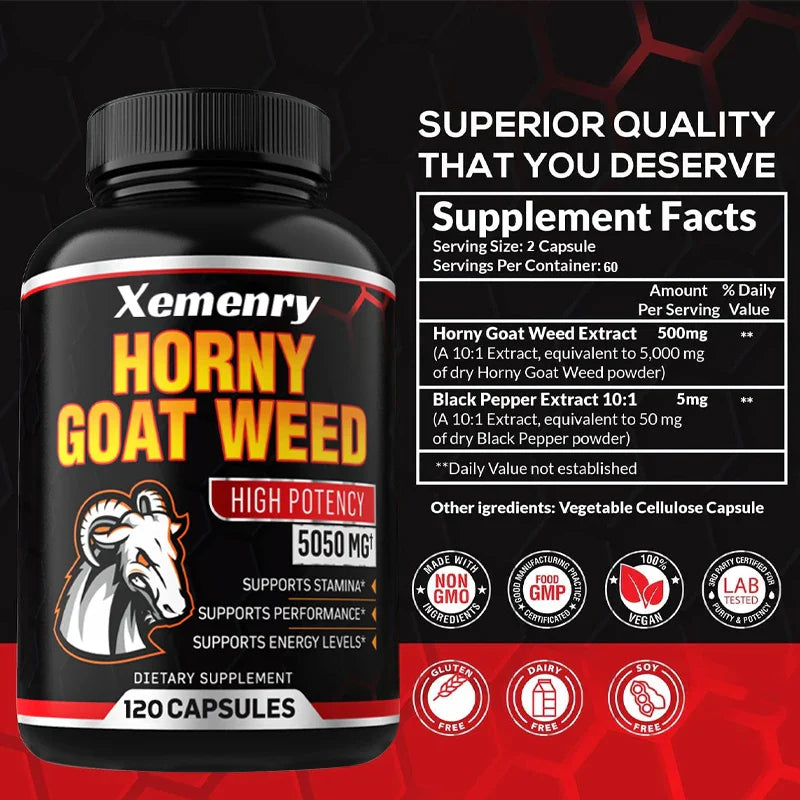 Men’s Horny Goat Weed 5050mg Capsules – Herbal Male Vitality Supplement with Black Pepper Extract for Energy & Performance Support