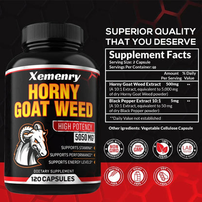 Men’s Horny Goat Weed 5050mg Capsules – Herbal Male Vitality Supplement with Black Pepper Extract for Energy & Performance Support