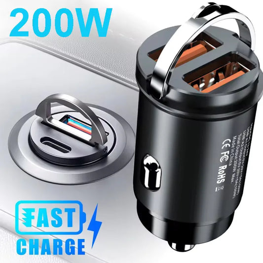 100W/200W Fast Car Charger - QC3.0 PD USB Type C Dual Port Adapter for iPhone Samsung Xiaomi Huawei 12-24V Vehicle Power