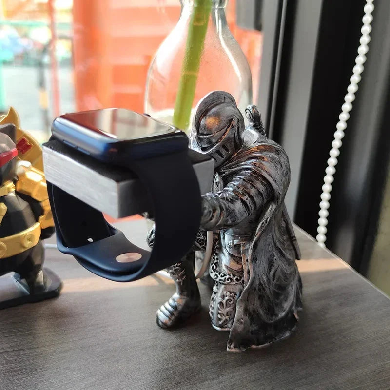 Apple Watch Charging Dock Stand – Cartoon Desktop Smartwatch Holder with Black Warrior Figurine Support